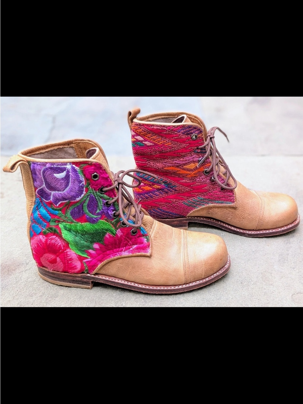 Teysha Embroidered Tan Leather Guatemalan Boots with textile floral  Panels